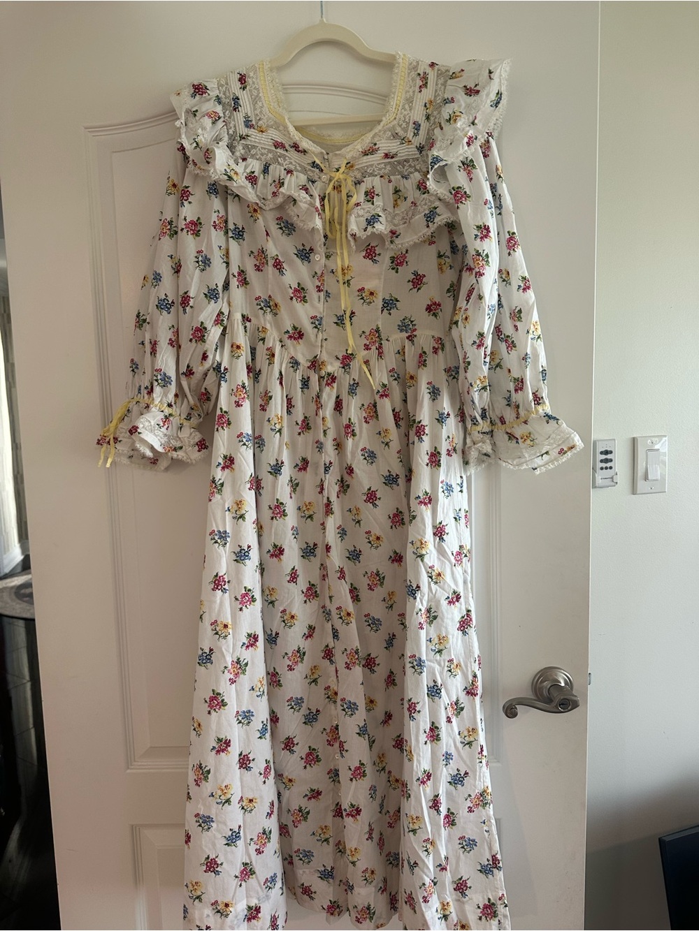 Doen White Floral Maxi Dress with Pink Blue and Yellow Accents
